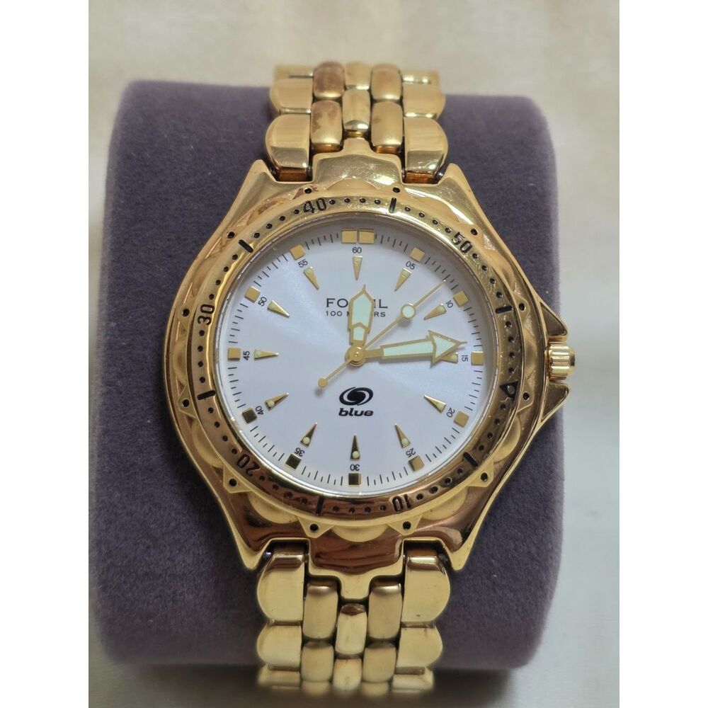Fossil Blue Gold Tone Watch AM-3117 Silver Dial 100M Diver Steel - Ships US